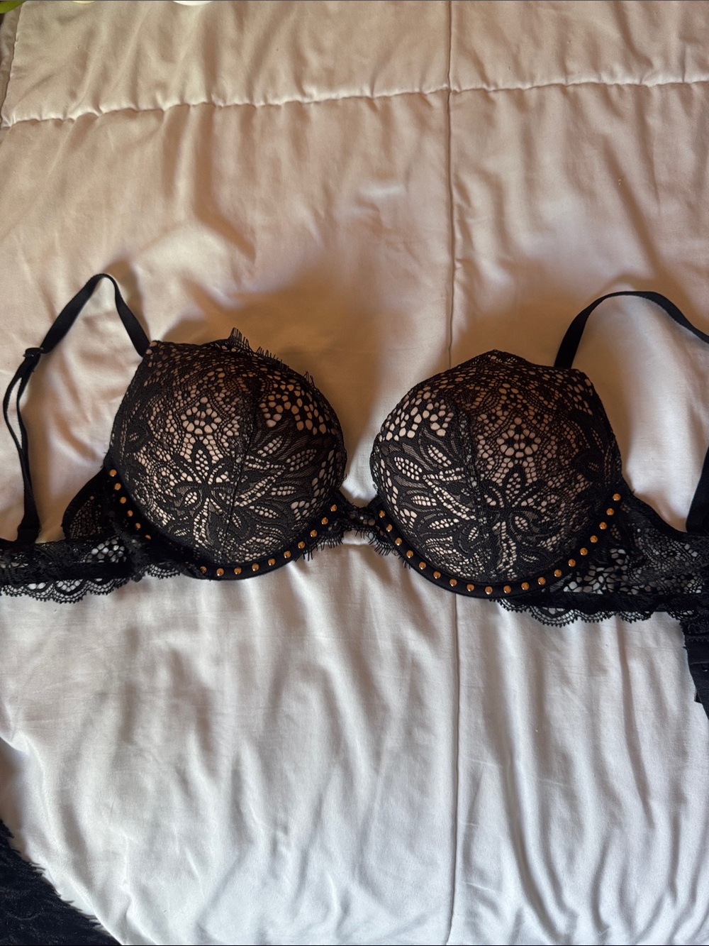 Black Victoria Secret Lace Push-Up/ bombshell Bra with Gold Stud Accents